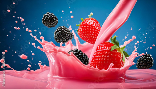 A dynamic high-speed capture of a pink strawberry milk wave splashing gracefully over a glossy surface