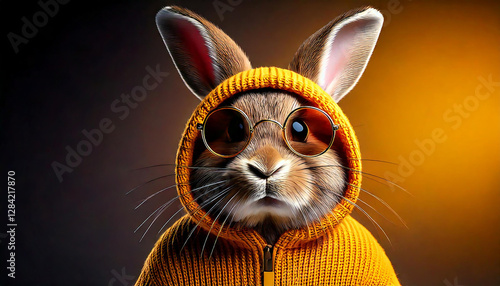 A whimsical and hyper-realistic 3D render of an adorable knitted-textured rabbit
