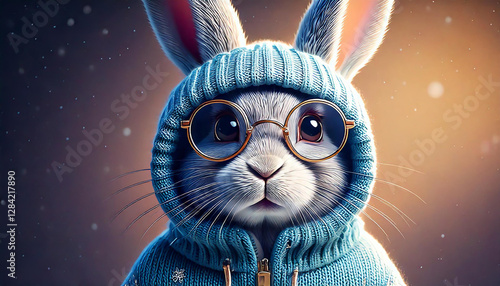 A highly detailed, ultra-realistic 3D render of an adorable anthropomorphic rabbit with soft sweater