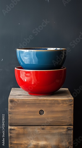 Elegant Red and Blue Ceramic Bowl Displayed on Rustic Wooden Box in Cozy Inte...
