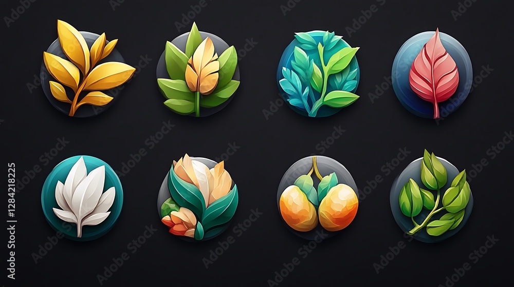 Vibrant 3D Rendered Botanical Icons: A Collection of Floral and Leafy Designs AI Generated