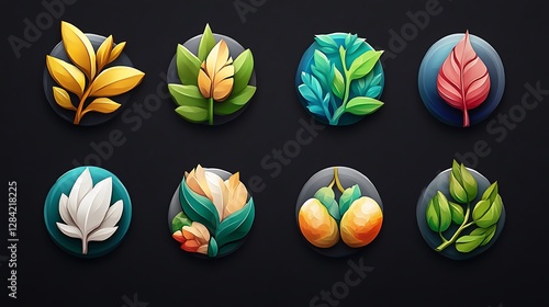 Vibrant 3D Rendered Botanical Icons: A Collection of Floral and Leafy Designs AI Generated