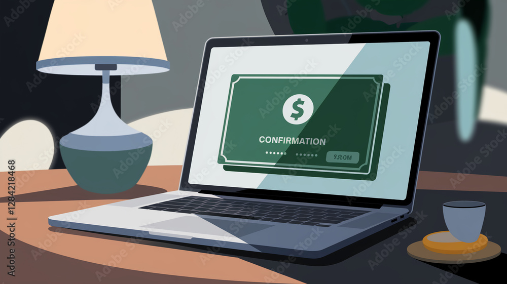 Digital payment confirmation displayed on a laptop screen with a green color scheme, featuring an online transaction symbol and a sleek, modern workspace environment. Digital payment confirmation displayed on a laptop screen with a green color scheme, featuring an online transaction symbol and a sleek, modern workspace environment.