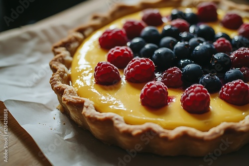 Delicious Raspberry and Blueberry Tart with Lemon Curd Filling photo