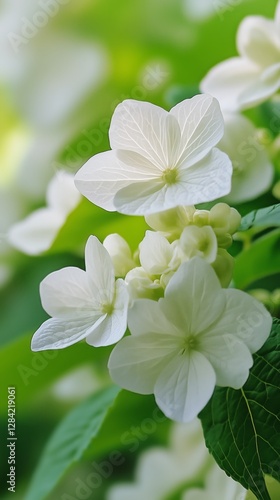 Delicate White Flowers Blooming Among Lush Green Leaves in a Serene Garden