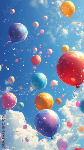 Colorful Balloons Floating in a Bright Blue Sky Over Green Trees During Dayti...