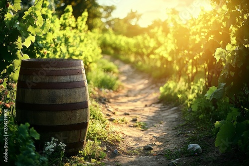 Wallpaper Mural Rustic wooden barrel beside a vineyard path at golden hour Torontodigital.ca