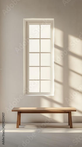 Natural Light Streaming Through a Window Casts Shadows on a Wooden Bench in a...