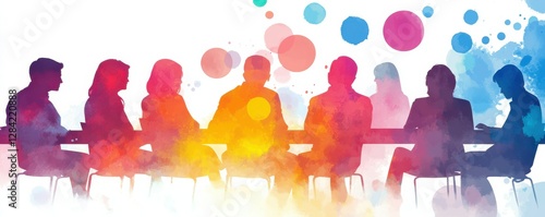 Colorful silhouettes of people collaborating at a conference table with abstract dot background
