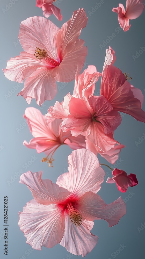 Beautiful Pink Hibiscus Flowers Floating Against a Soft Blue Background Beautiful Pink Hibiscus Flowers Floating Against a Soft Blue Background