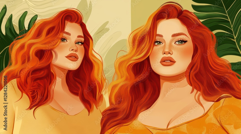 Two young caucasian females with red hair in stylish portrait illustration with green background Two young caucasian females with red hair in stylish portrait illustration with green background