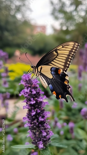 Butterfly Resting on Vibrant Purple Flowers in a Serene Garden at Twilight