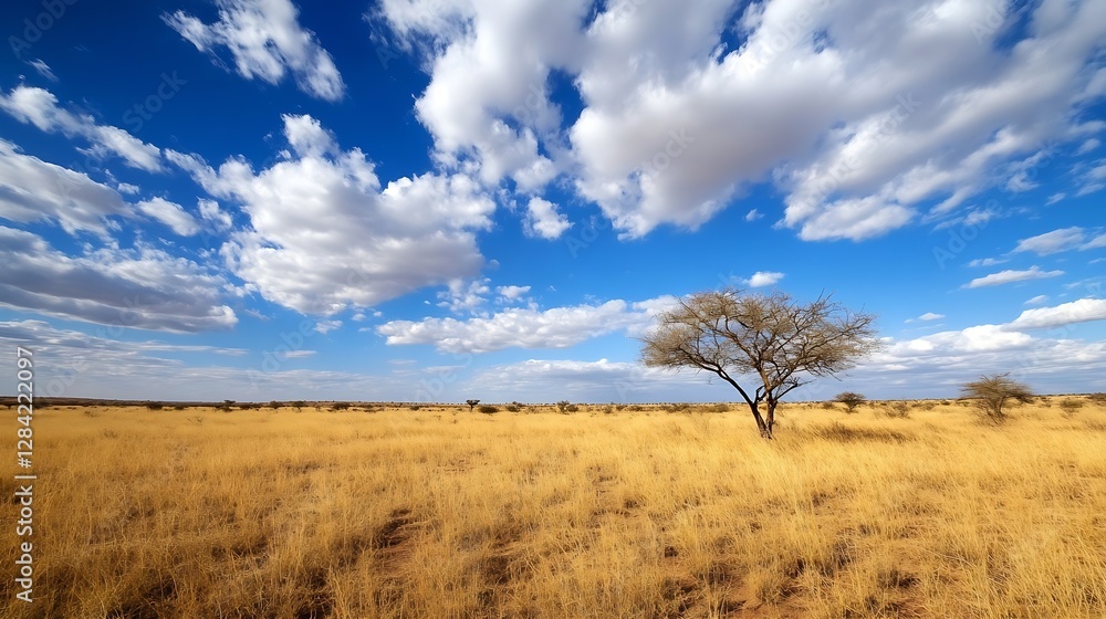 Wide Open Grassland Under a Bright Blue Sky with Wispy Clouds and a Single Tree : Generative AI Wide Open Grassland Under a Bright Blue Sky with Wispy Clouds and a Single Tree : Generative AI