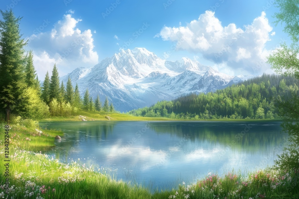 Scenic Mountain Lake View with Lush Greenery and Bright Sky Scenic Mountain Lake View with Lush Greenery and Bright Sky