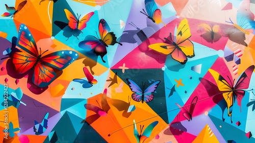 Vibrant isometric graffiti mural with neon butterflies fluttering around abstract street art patterns