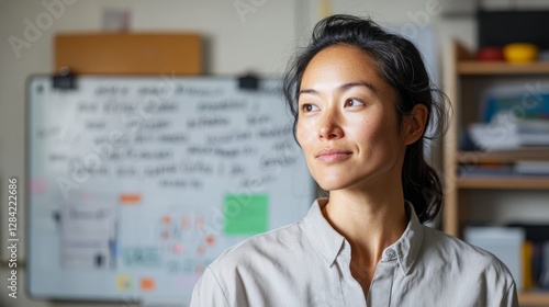 Free Download The image features a woman standing in front of a whiteboard with various writing on it. - GFXLoad