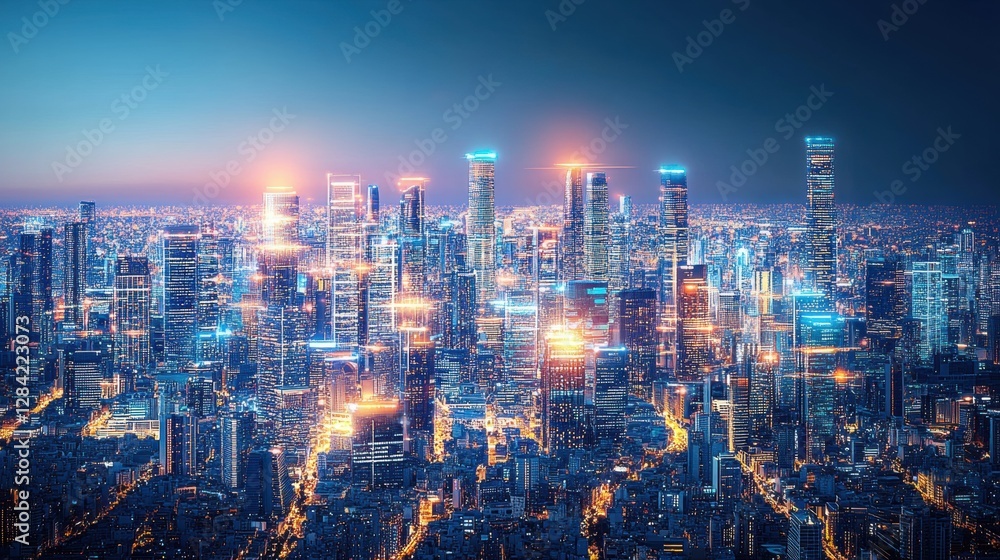 Obraz premium Vibrant Aerial View of Modern Cityscape with Blue Lights at Nighttime