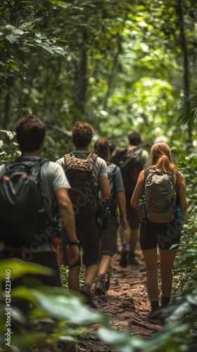 Group of Hikers Exploring a Lush Jungle Trail in the Afternoon Sunlight