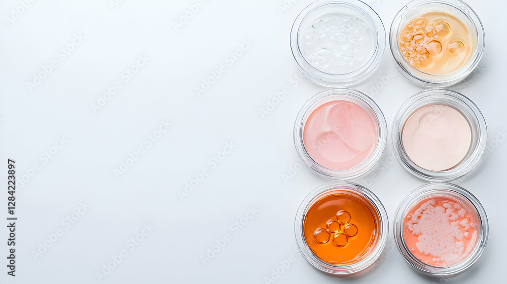 Arrangement of Six Small Round Cosmetic Jars with Colorful Gel Contents on White Background Arrangement of Six Small Round Cosmetic Jars with Colorful Gel Contents on White Background