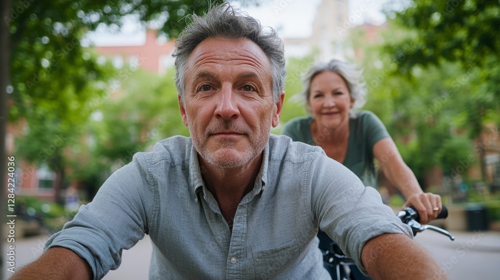 Man and woman riding bicycles together. Man and woman riding bicycles together.