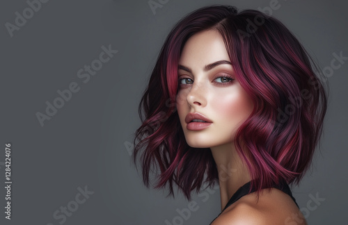 Beautiful Woman with   burgundy balayage , hair coloring technique. Beauty model girl with short  soft wavy hair .  curly hairstyle dye .Fashion, cosmetics and makeup
