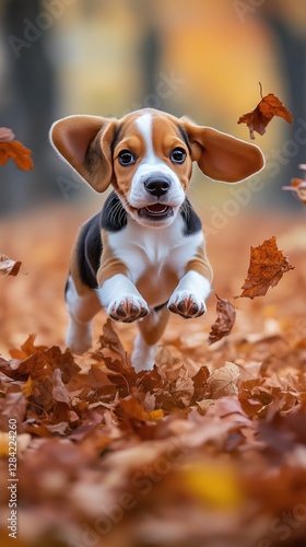 Beagle Puppy Joyfully Running Through Autumn Leaves in a Colorful Park