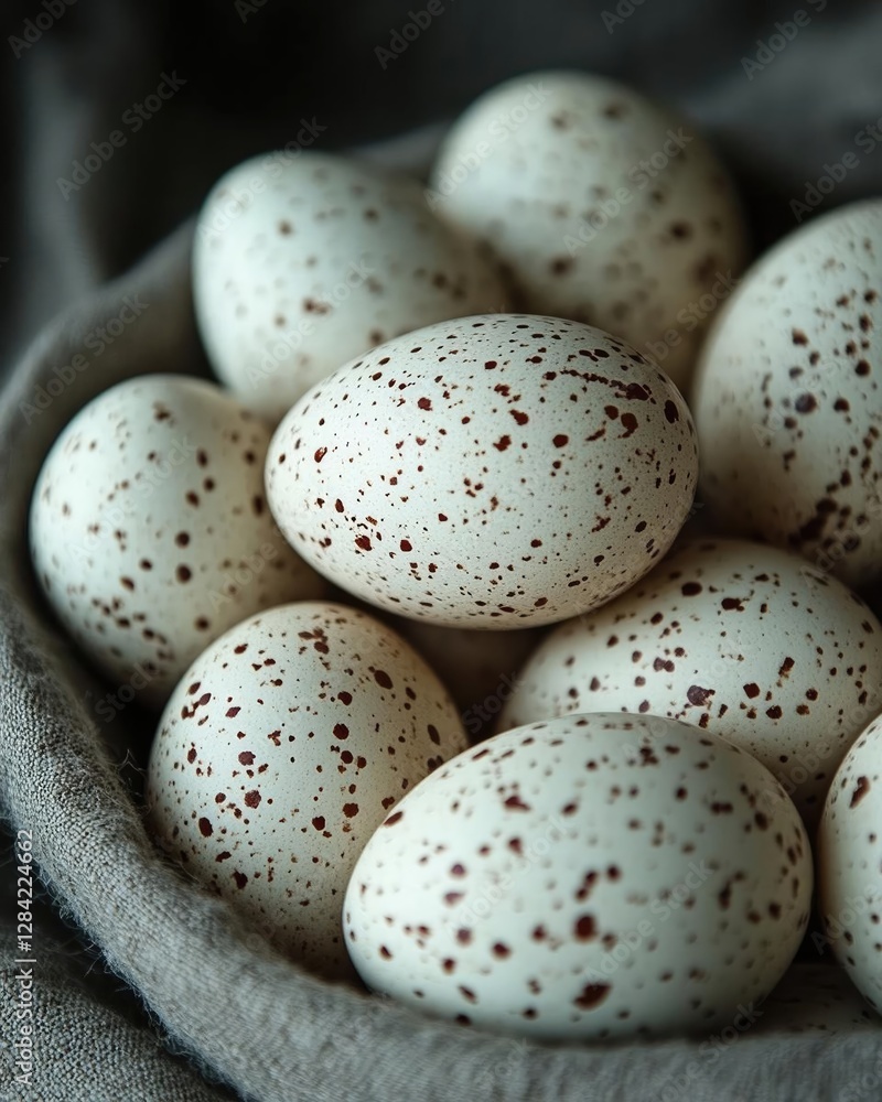 Close-up of speckled eggs nestled in a soft fabric, showcasing their natural textures and colors Close-up of speckled eggs nestled in a soft fabric, showcasing their natural textures and colors