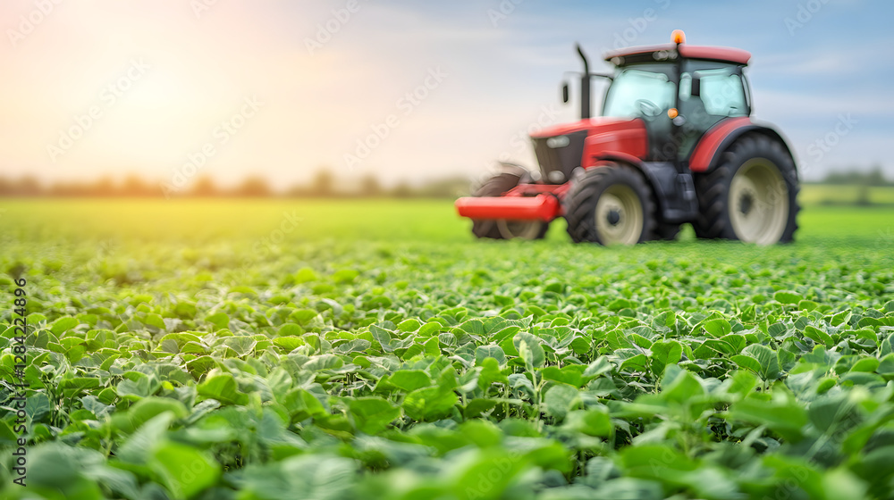 Tractor in Soybean Field During Spring Season - Side View with Soft Lighting
Tractor in Soybean Field During Spring Season - Side View with Soft Lighting