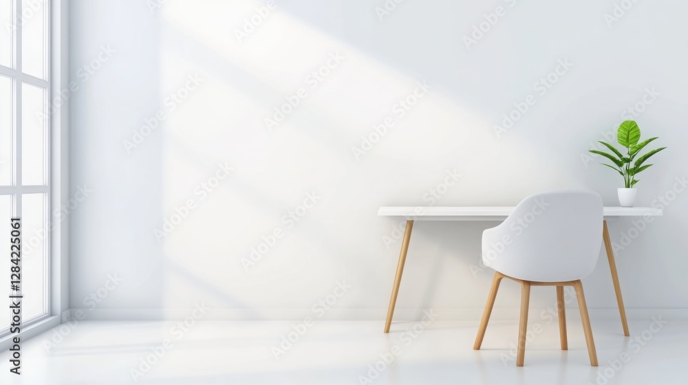 Fototapeta premium minimalist Scandinavian-style workroom with a clean white desk, modern chair