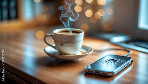 An organizer with a coffee cup and a cell phone on the desk photo