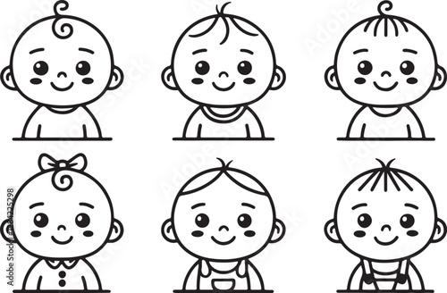 A set of cute baby line art icons with variant style vector and illustration design. Babies outline isolated on a white background.