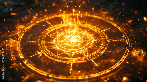 Wallpaper Mural Ancient grimoire mystical symbols illuminated by golden fire. Mystic Occult Ritual Circle. Illustration Torontodigital.ca