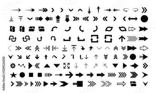 Arrows big black set icons. Arrows set. Arrow icon collection. Set different arrows or web design. Cursor. Collection different arrow signs. Black arrows icons.