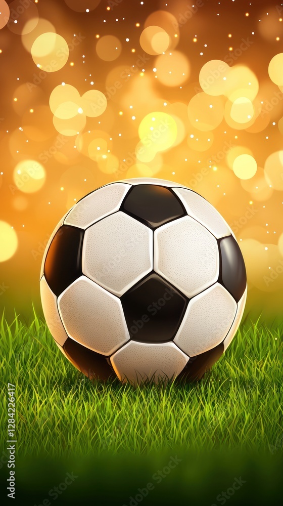 Obraz premium Soccer ball on grass, golden lights background, sports image, for website or social media use