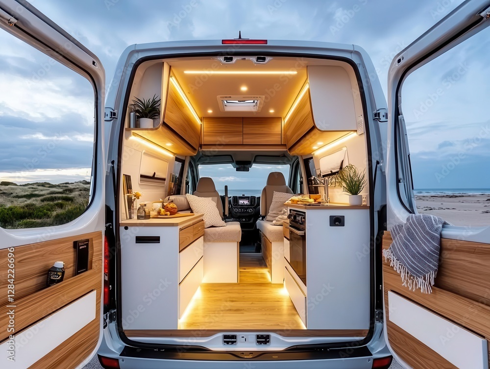 Compact yet luxurious campervan with modular interiors, isolated, efficient luxury