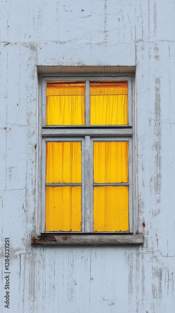Illuminated Yellow Curtains in Old Window Illuminated Yellow Curtains in Old Window