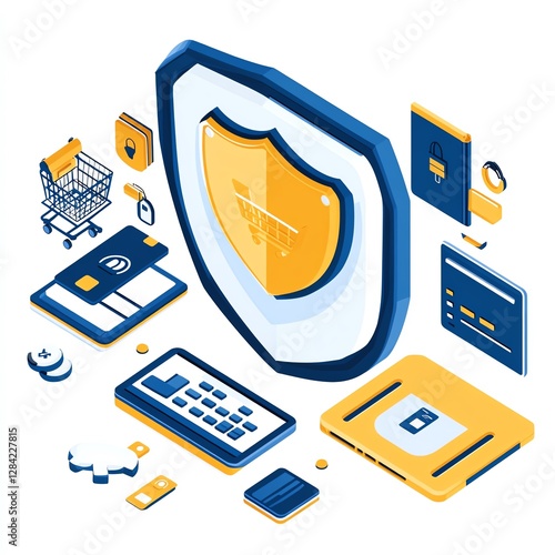 Cybersecurity in e-commerce, data protection shield, secure payment encryption, 3D illustration