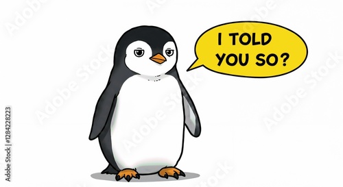 Grumpy Cartoon Penguin with I Told You So Against White Background
