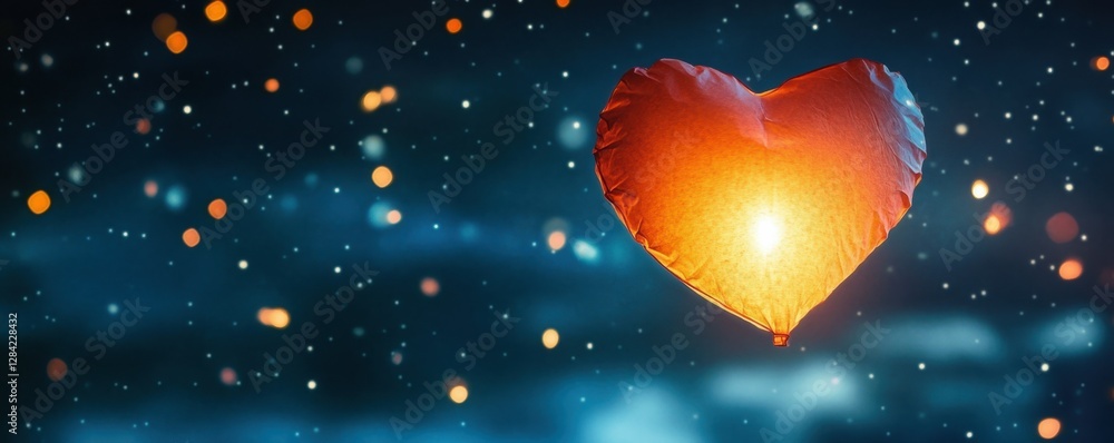 Heart-shaped lantern illuminating night sky with twinkling lights and bokeh in romantic scene Heart-shaped lantern illuminating night sky with twinkling lights and bokeh in romantic scene