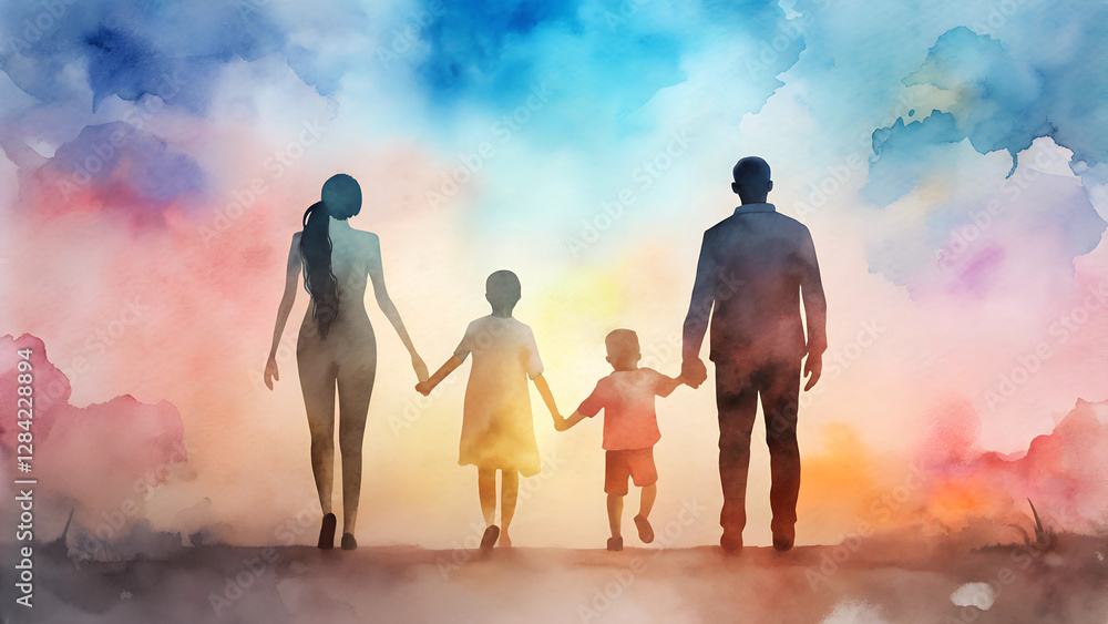 Fototapeta premium Watercolor family silhouette background in soft pastel colors, depicting a family holding hands in a heartwarming scene, joyful and loving atmosphere, with copy space 