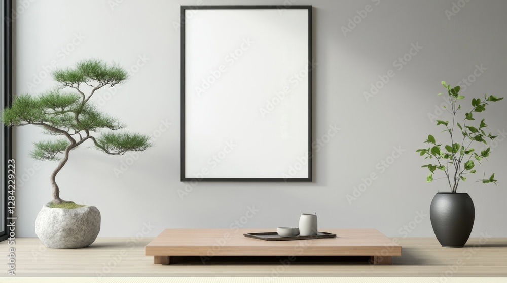 Fototapeta premium Minimalist interior design featuring a bonsai tree and a decorative plant on a wooden table