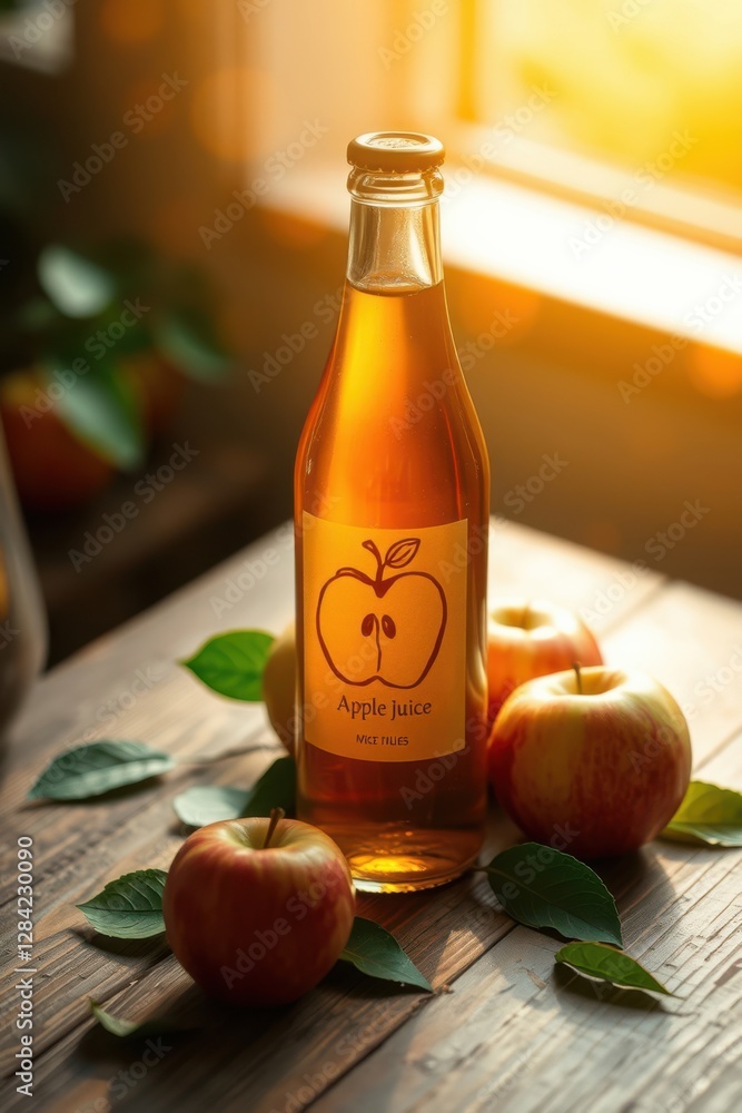 Bottle of golden apple juice surrounded by fresh apples and green leaves on a wooden table. Bottle of golden apple juice surrounded by fresh apples and green leaves on a wooden table.