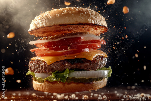 Burger in flight with layers flying apart and slow motion effect photo