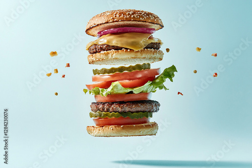 Burger in flight with layers flying apart and slow motion effect photo