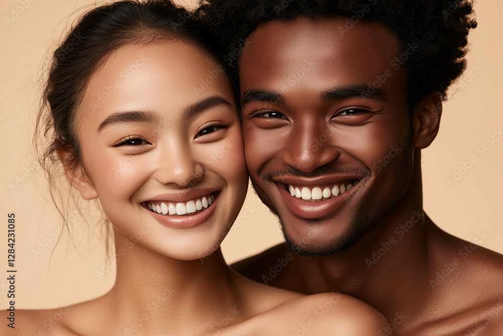 Portrait of two smiling male and female with perfect face skin Portrait of two smiling male and female with perfect face skin