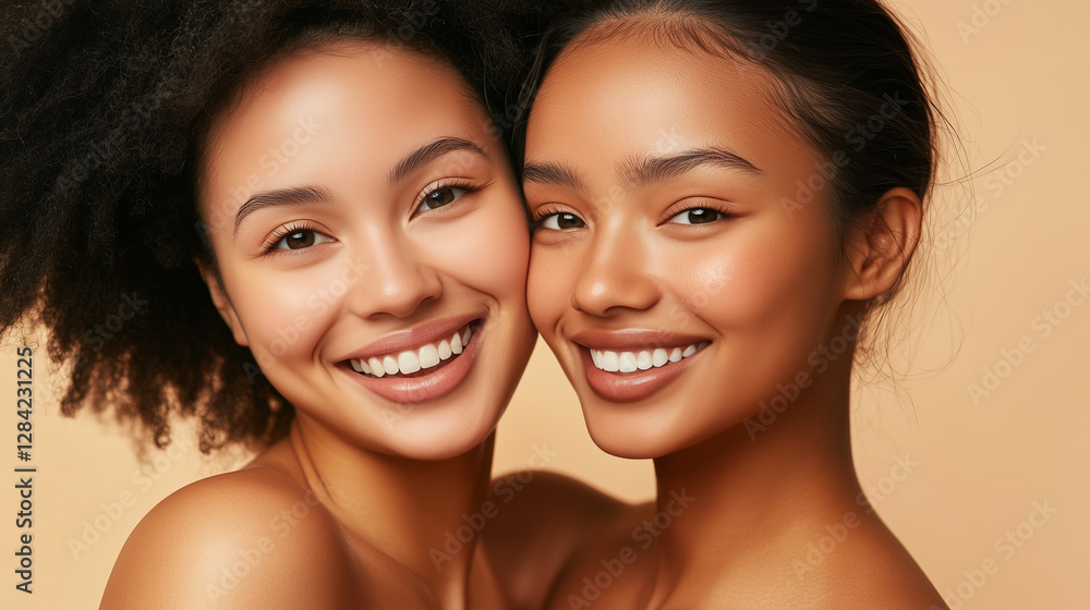 Portrait of two smiling women with perfect face skin. Beautiful happy asian and african girl models Portrait of two smiling women with perfect face skin. Beautiful happy asian and african girl models