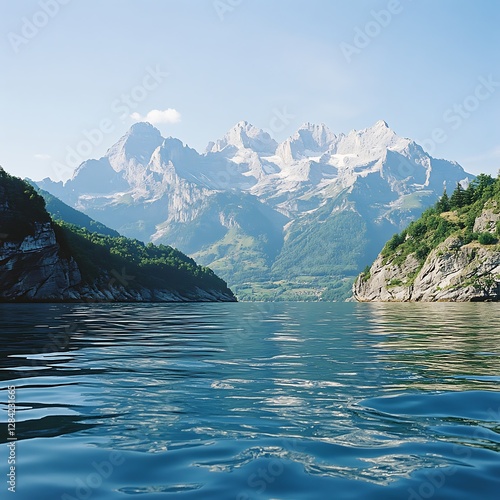 Alpine lake scenery, mountains, calm water, clear sky