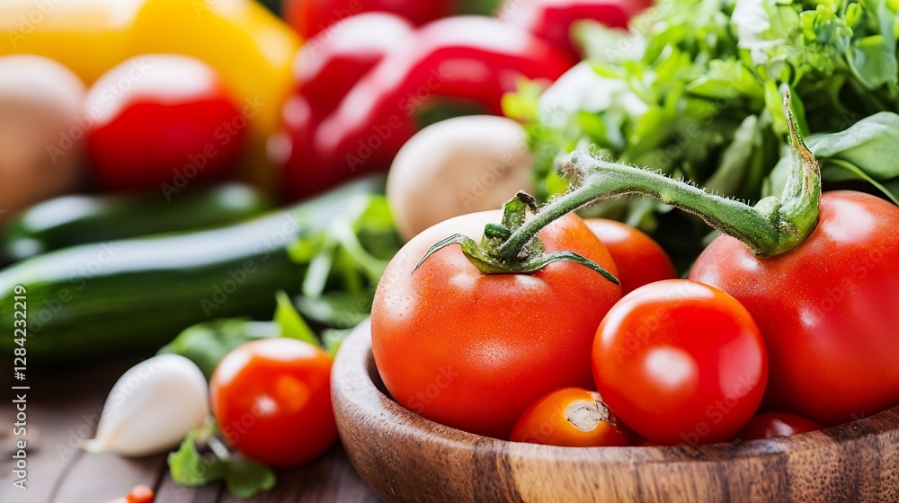 Fresh and Vibrant Organic Vegetables Including Tomatoes and Greens in a Wooden Bowl : Generative AI Fresh and Vibrant Organic Vegetables Including Tomatoes and Greens in a Wooden Bowl : Generative AI