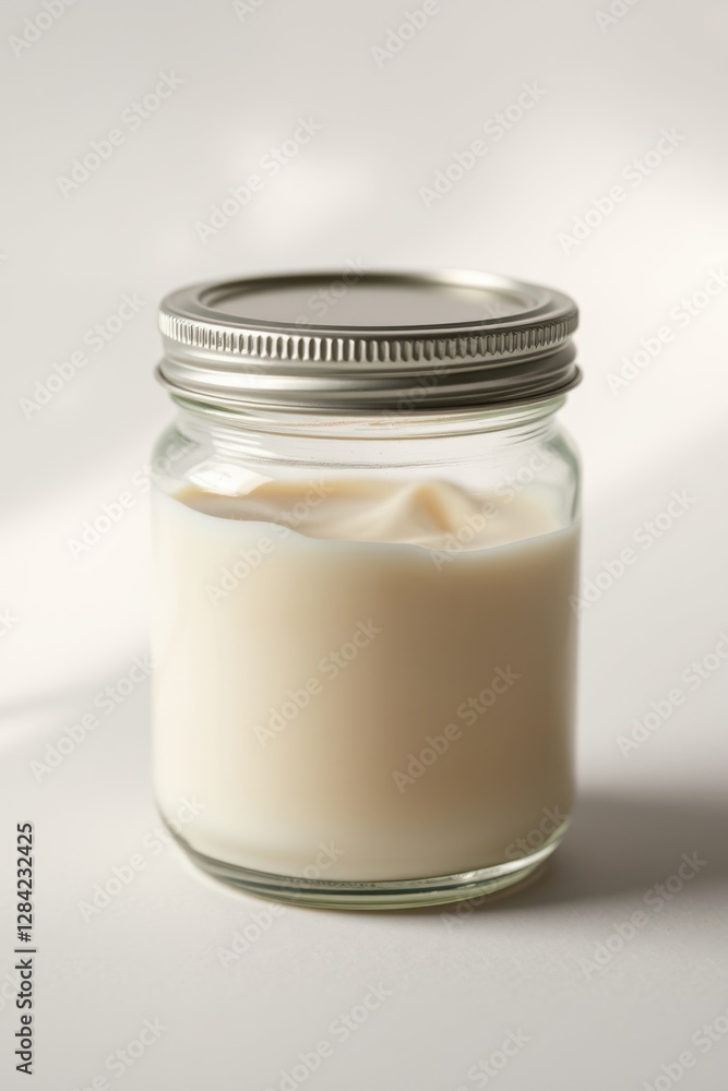 Creamy white substance in glass jar with silver lid on neutral background, food ingredient, minimal lighting. Creamy white substance in glass jar with silver lid on neutral background, food ingredient, minimal lighting.