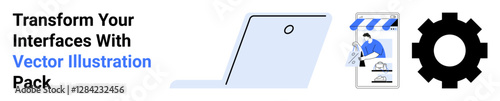 Laptop design, storefront highlight, and gear element reflect e-commerce, teamwork, and innovation. Ideal for technology, UX design, e-commerce, marketing team collaboration workflow flat landing